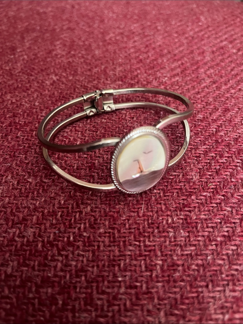 Nautical Mother of Pearl Hinge Cuff, Silvertone & Pastel, 6.75"
